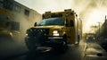 Blurred motion of emergency ambulance driving at high speed, responding to urgent situation