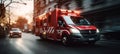 Blurred motion of emergency ambulance with flashing lights rushing through traffic on the road