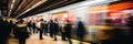 Blurred motion of a fast-moving subway train alongside a busy platform of waiting passengers. Royalty Free Stock Photo