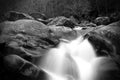 Blurred Motion and Slow Shutter Waterscape Black and White Photography of a River Waterfall in the Great Smoky Mountains. Royalty Free Stock Photo