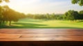 Blurred nature background with green lawn trees blue sky sunny day with empty plank wood table in the forefront for product