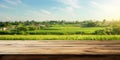 Blurred nature background with green meadow blue sky sunny day with empty plank wood table in the forefront for product placement Royalty Free Stock Photo