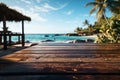 Blurred ocean view frames wooden resort deck, inviting relaxation by the shore