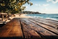 Blurred ocean view frames wooden resort deck, inviting relaxation by the shore