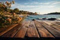 Blurred ocean view frames wooden resort deck, inviting relaxation by the shore