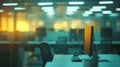 Blurred Office Interior with Empty Desk and Computer at Sunset Royalty Free Stock Photo