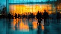 Blurred office scene with people working behind glass wall, creating vibrant atmosphere