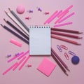 Blurred office school Supplies on pastel Pink square background Royalty Free Stock Photo