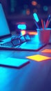 Blurred Office Setting, Technology and Colorful Notes for Creative Brainstorming Session Royalty Free Stock Photo
