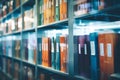 Blurred office shelves with binders and files, business, blurred. ai generative Royalty Free Stock Photo