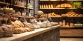 Blurred organic eco-friendly vegan grocery bakery store with wooden wall parquet floor variety of bread bun snack on shelf for Royalty Free Stock Photo