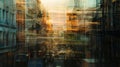 Blurred outlines of dumpsters and fire escapes bathed in the ethereal aura of a busy cityscape after dusk.