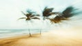 Blurred palms and wind-carried sand, dynamic and serene beach atmosphere. Blurred view sandy beach palms Royalty Free Stock Photo