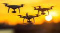 A blurred Pentagon at sunset serves as the backdrop for drones, representing the intersection of modern military Royalty Free Stock Photo