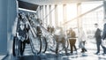 Blurred people business at a trade fair staircases