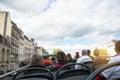 Blurred of people on open top tourist bus in city, one day trip by tour bus in Europe