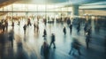 Blurred people rush to the airport. Concept of fast modern life. Human crowd in moves in dynamics