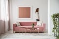 Blurred person against the wall with painting in white flat interior with plant and millenial pink couch. Real photo