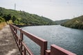 Perspective of fence flanking the Mondego river in Aguieira dam, Penacova PORTUGAL Royalty Free Stock Photo