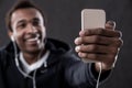 Blurred photo of African American man making selfie Royalty Free Stock Photo