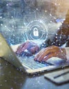 Blurred photo of a human hands workin on laptop with a hologram symbolizing cybersecurity. Generative AI Royalty Free Stock Photo