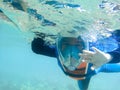 Blurred photo little boy snorkeling at the sea so happy holiday