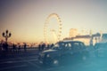 Blurred photo of London traffic at rush hour on Westminster Bridge, London Eye in the background, London, UK Royalty Free Stock Photo