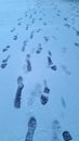 Blurred photo of snow covered asphalt. Footprints in the snow. Snowy road and footprints. Snow covered asphalt surface