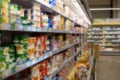 Blurred photo of supermarket showcase with packaged food, defocus background backdrop