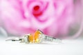 Blurred photo Wedding White gold critrine yellow stone rings on table.Pink rose background
