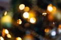 Blurred picture of christmas tree with lights and spruce branch. Defocused new year background with space for text Royalty Free Stock Photo