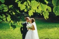 A blurred picture of newlyweds kissing in the green garden