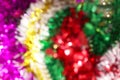 Blurred picture red green and purple bokeh colorful glittering for merry christmas and happy new year festival background design