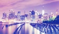 Blurred purple toned picture of New York City waterfront. Royalty Free Stock Photo