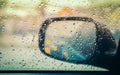 Blurred rain drop on car glass background, water drops at the car window driver side