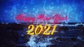 Blurred Raindrops View On The Glass Of Happy New Year 2021 Lettering On Dark Blue Rocky Beach Landscape