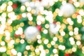 Blurred red, green, and gold bokeh background of Christmas tree. Xmas background. Christmas and Happy New Year holiday background. Royalty Free Stock Photo