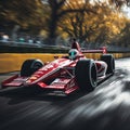 Blurred Red Racing Car Speeding Around Sharp Corner at Thrilling Motorsport Event