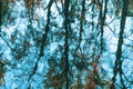 Blurred reflection of colored autumn trees in the cool blue water. Picturesque colorful leaves, bright autumn colors Royalty Free Stock Photo