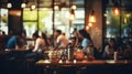 blurred restaurant background with some people eating and chefs and waiters working