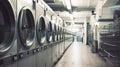 Blurred Row of industrial laundry machines generative AI Royalty Free Stock Photo