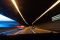 Blurred scene of night driving in a tunnel. Blurry tail lights, no people Royalty Free Stock Photo