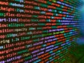 Blurred screen with selective focus. Binary code digital technology background. Programing workflow abstract algorithm concept. Royalty Free Stock Photo