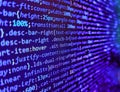 Blurred screen with selective focus. Programmer working in computer screen. Database bits access stream visualisation. Shallow Royalty Free Stock Photo