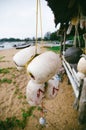 Blurred and selective focus image of hanging white dirty fish buoy Royalty Free Stock Photo