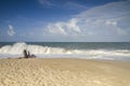 Blurred and selective focus image.windy weather and strong sea waves hitting the shoreline