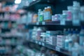 Blurred shelves of drugs in the pharmacy store. Generative AI Royalty Free Stock Photo