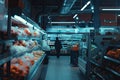 Blurred shelves in a store with goods, shopping concept in a supermarket