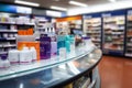 Blurred shelves in the supermarket display a range of healthcare products