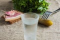 Blurred shot of vodka with a snack background